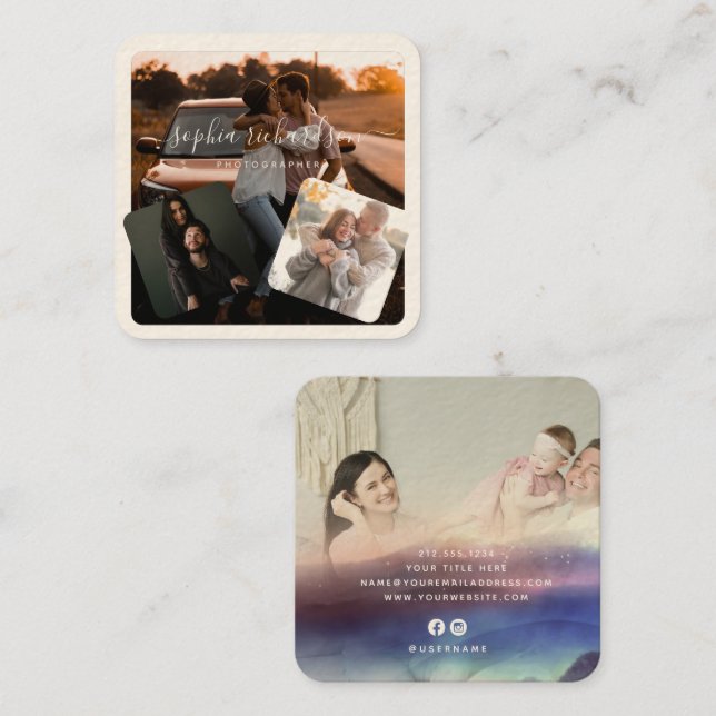 Modern Four Photo Signature Cream Casual Square Business Card (Front/Back)