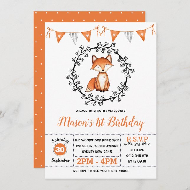 Modern Fox Birthday Party / Woodland Animal Invitation (Front/Back)