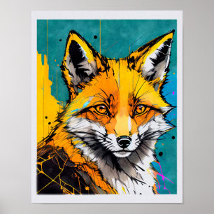Modern fox print bold colours black eyes orange