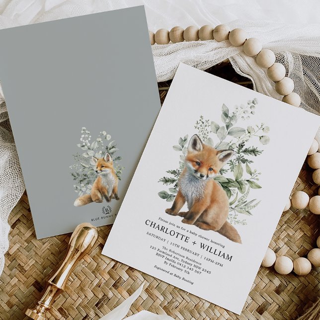 Modern Fox Sage Green Botanical Leaves Baby Shower Invitation (Creator Uploaded)