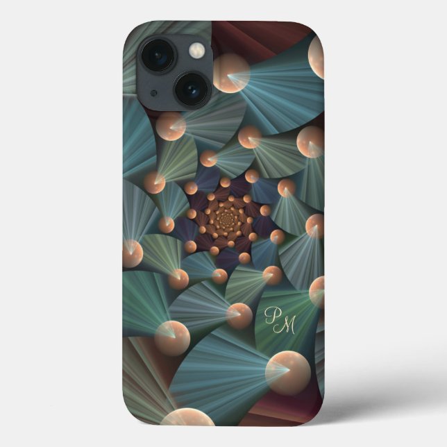 Modern Fractal Art Brown, Slate, Blue Monogram Case-Mate iPhone Case (Back)
