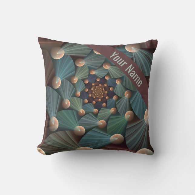 Modern Fractal Art Depth, Brown, Slate, Blue Name Cushion (Front)