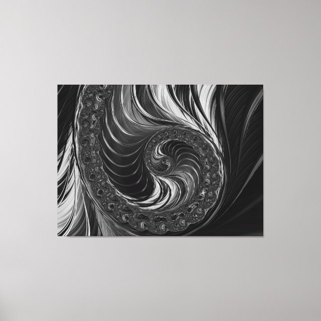 Modern Fractal Black White Metal Nautilus Swirl Canvas Print (Front)