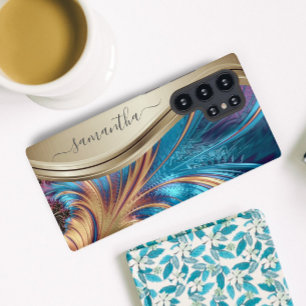 Modern Fractal Blue Gold Handwritten Name Case-Mat Samsung Galaxy Case