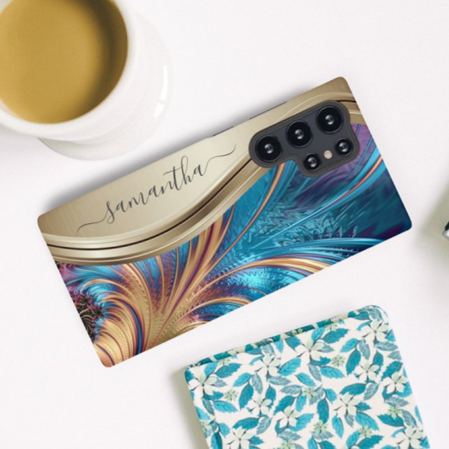 Modern Fractal Blue Gold Handwritten Name Case-Mat Samsung Galaxy S22 Ultra Case (Creator Uploaded)