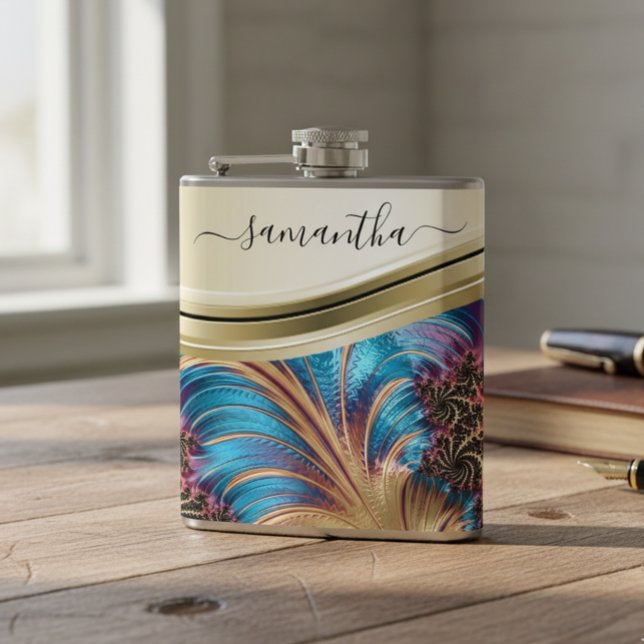 Modern Fractal Blue Gold Handwritten Name Hip Flask (Creator Uploaded)