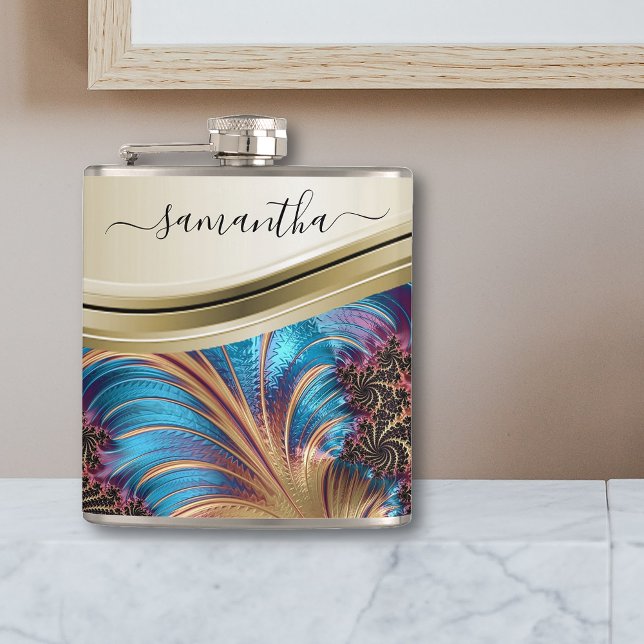 Modern Fractal Blue Gold Handwritten Name Hip Flask (Creator Uploaded)