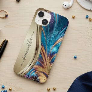 Modern Fractal Blue Gold Handwritten Name iPhone 14 Case