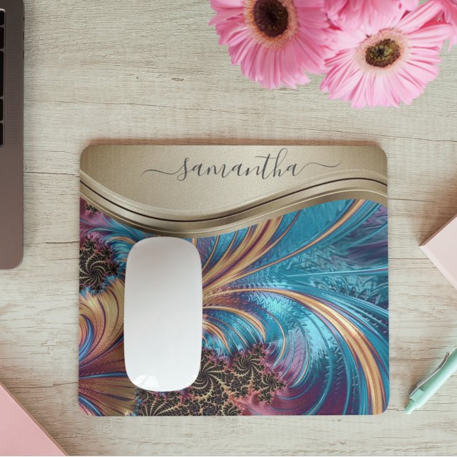 Modern Fractal Blue Gold Handwritten Name Mouse Mat (Creator Uploaded)