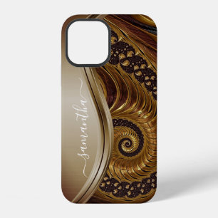 Modern Fractal Gold Handwritten Name iPhone 12 Case