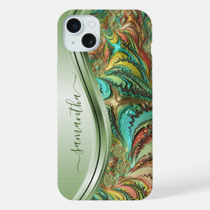 Modern Fractal Green Handwritten Name iPhone 15 Plus Case