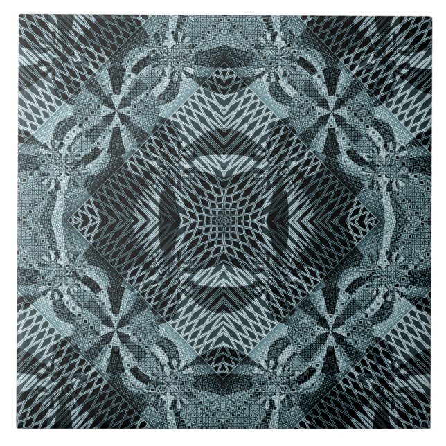 Modern Fractal Grid Floral Blue Beauty Tile (Front)