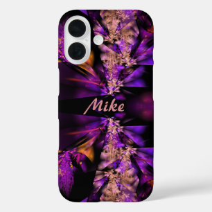 Modern fractal in black and purple, personalised  iPhone 16 case