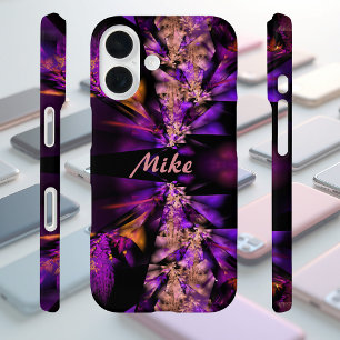 Modern fractal in black and purple, personalised iPhone 16 case