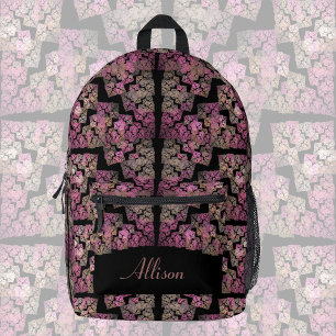Modern fractal pattern, blush colours on black,   printed backpack
