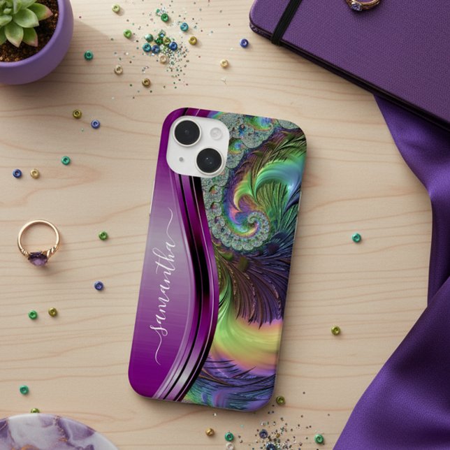 Modern Fractal Purple Handwritten Name Case-Mate iPhone Case (Creator Uploaded)