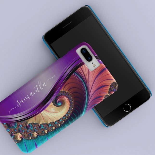 Modern Fractal Purple Handwritten Name Case-Mate iPhone Case (Creator Uploaded)