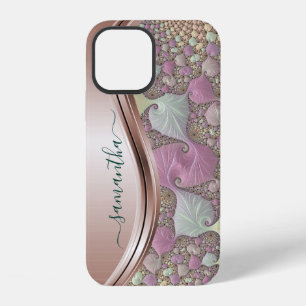 Modern Fractal Rose Gold Handwritten Name iPhone 12 Case