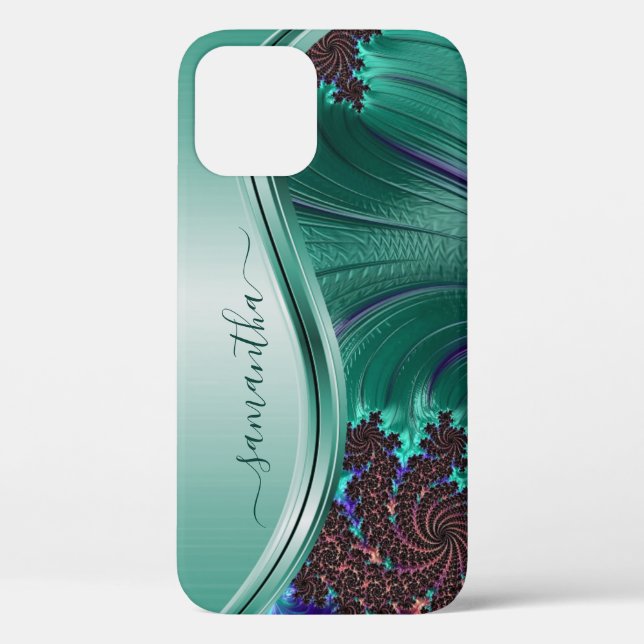 Modern Fractal Teal Handwritten Name Case-Mate iPhone Case (Back)