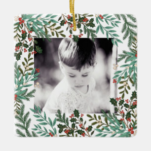 Modern Frame Botanical Floral Christmas Two photo Ceramic Ornament