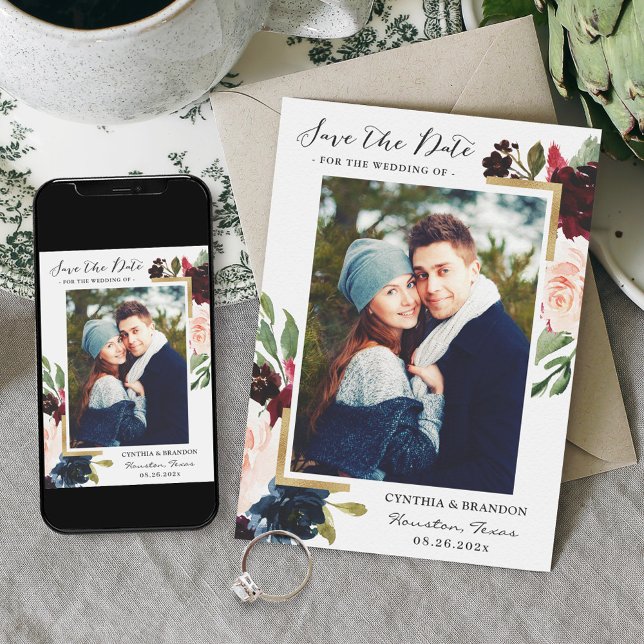 Modern Frame Burgundy Blush Floral Photo Save The Date (Creator Uploaded)