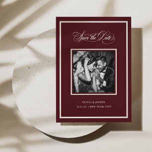 Modern Frame Burgundy with Calligraphy and Photo Save The Date