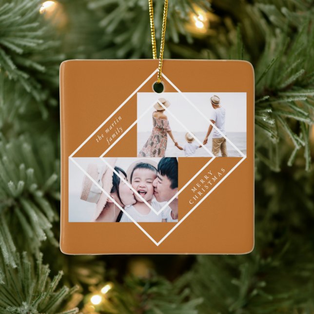 Modern Frame Gold Two Photo Merry Christmas Ceramic Ornament (Tree)