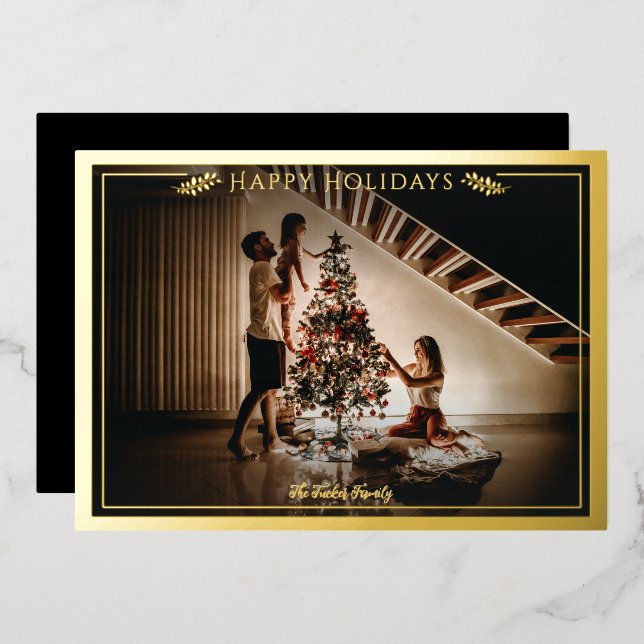 Modern Frame Happy Holidays Photo Black Gold Foil Holiday Card (Front/Back)