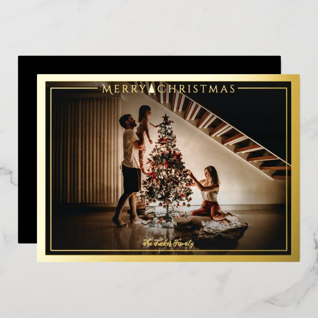 Modern Frame Merry Christmas Photo Gold Black Foil Holiday Card (Front/Back)