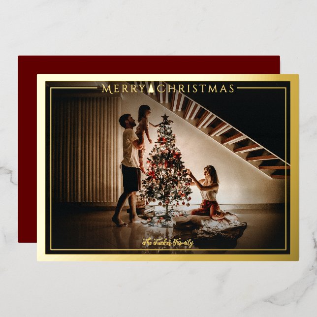 Modern Frame Merry Christmas Photo Red Gold Foil Holiday Card (Front/Back)