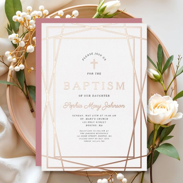 Modern Frame Pink Girl Baptism Rose Gold (Modern Frame Pink Girl Baptism Rose Gold Foil Invitation)