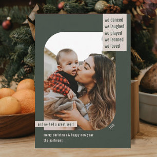 Modern Frame Year Review 1 Photo Christmas Green Holiday Card