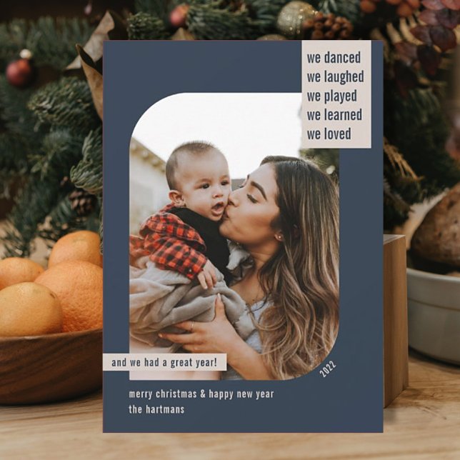 Modern Frame Year Review 1 Photo Christmas Navy Holiday Card (Creator Uploaded)