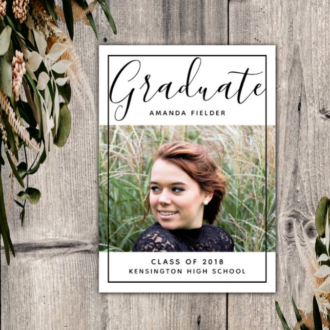 Modern Framed Graduation Photo | Black Invitation (Black Modern Framed Graduation Photo Announcement)