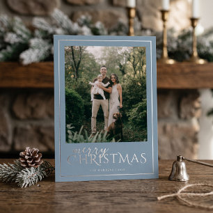Modern Framed Merry Christmas Photo Collage Blue Foil Holiday Card