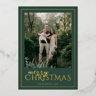 Modern Framed Merry Christmas Photo Collage Foil Holiday Card