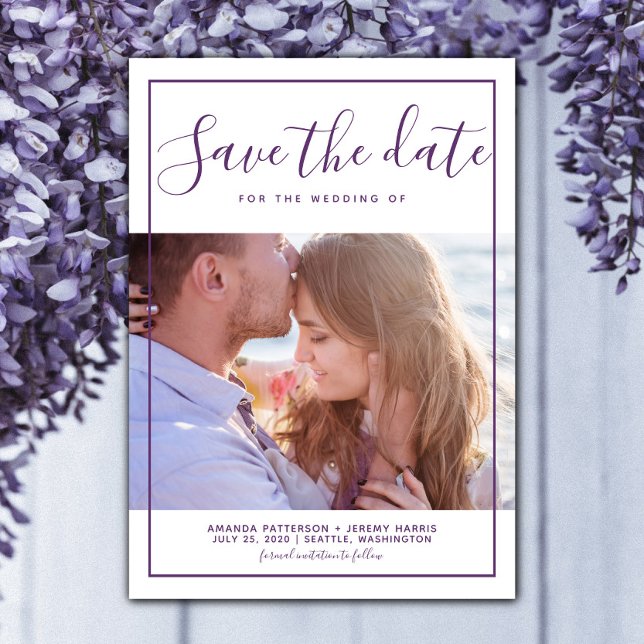 Modern Framed Photo Save the Date Invite | Purple (Purple Modern Framed Photo Save the Date)
