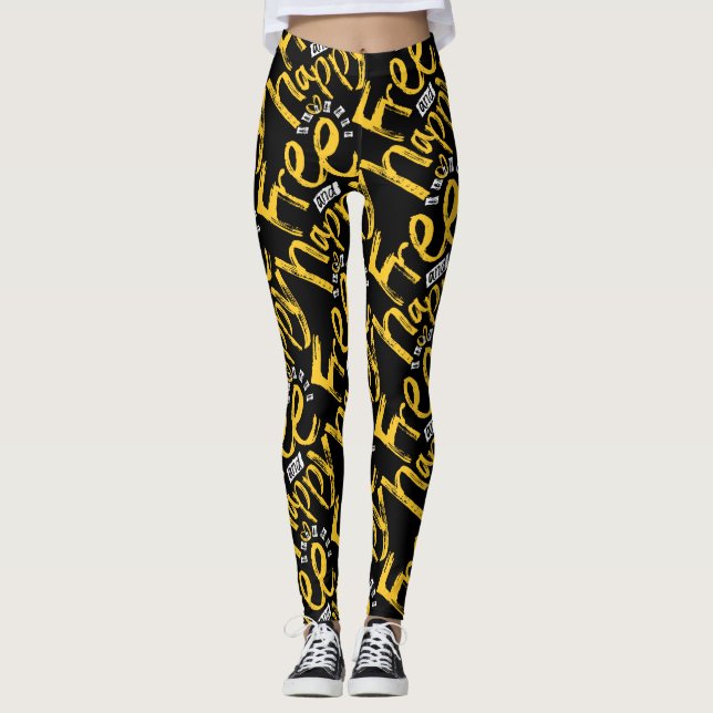 Modern Free Happy Yellow On Black Typography Paint Leggings (Front)