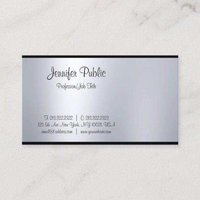 Modern Freehand Script Silver Look Simple Plain Business Card (Front)