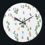Modern Freeride Snowboarder Snowboarding Art Large Clock<br><div class="desc">Cool whimsical illustration art of colourful snowboarders,  snowboarding downhill in mountains among pine,  spruce,  fir trees on fresh snow powder. Snowboard and xmas outdoor sport in a winter forest. Snowboarder gifts. Snowboarding Christmas decor.</div>