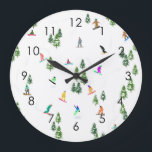 Modern Freeride Snowboarder Snowboarding Art Large Clock<br><div class="desc">Cool whimsical illustration art of colourful snowboarders,  snowboarding downhill in mountains among pine,  spruce,  fir trees on fresh snow powder. Snowboard and xmas outdoor sport in a winter forest. Snowboarder gifts. Snowboarding Christmas decor.</div>