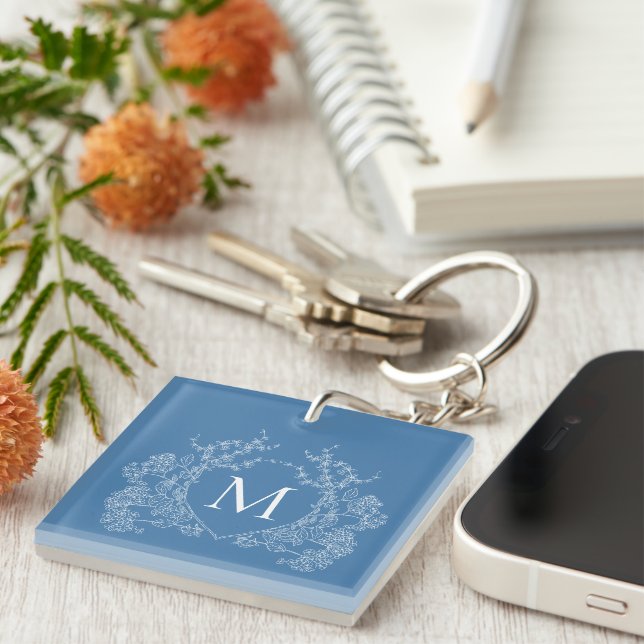 Modern French Blue Floral Crest Monogram Key Ring (Front Right)