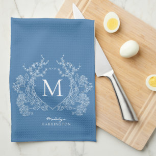 Modern French Blue Floral Crest Monogram Tea Towel