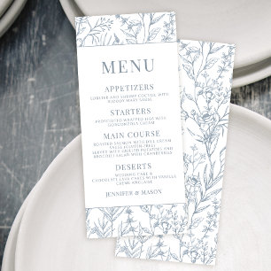 Modern French blue floral wedding menu cards