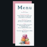 Modern French Macaron Wedding Menu<br><div class="desc">This elegant wedding menu features a playful watercolor illustration of colourful French macarons, adding a touch of Parisian charm and whimsy. The clean white front displays each course in a modern serif font, with soft blush pink headings for a romantic accent. The reverse side is a solid pink, perfect for...</div>