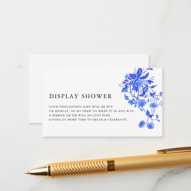 Modern French Toile Blue Floral Display Shower Enclosure Card (Front/Back In Situ)