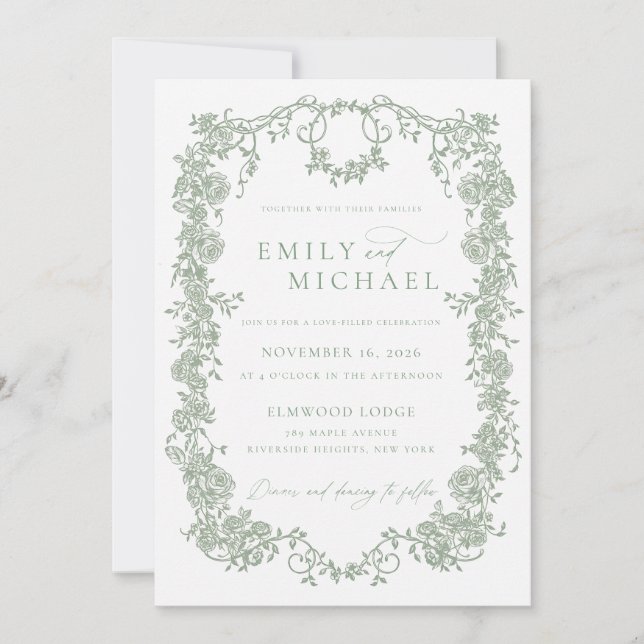 Modern French Victorian Sage Green Wedding Photo Invitation (Front)