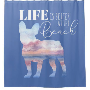 Modern Frenchie Beach Scene Pink and Blue Shower Curtain