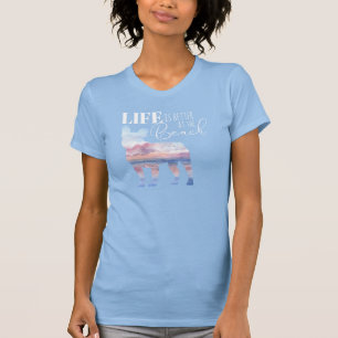 Modern Frenchie Beach Scene Pink and Blue T-Shirt