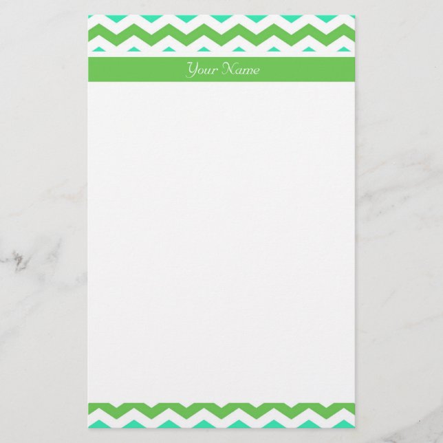 Modern, fresh lime green and blue chevron zigzag stationery (Front)